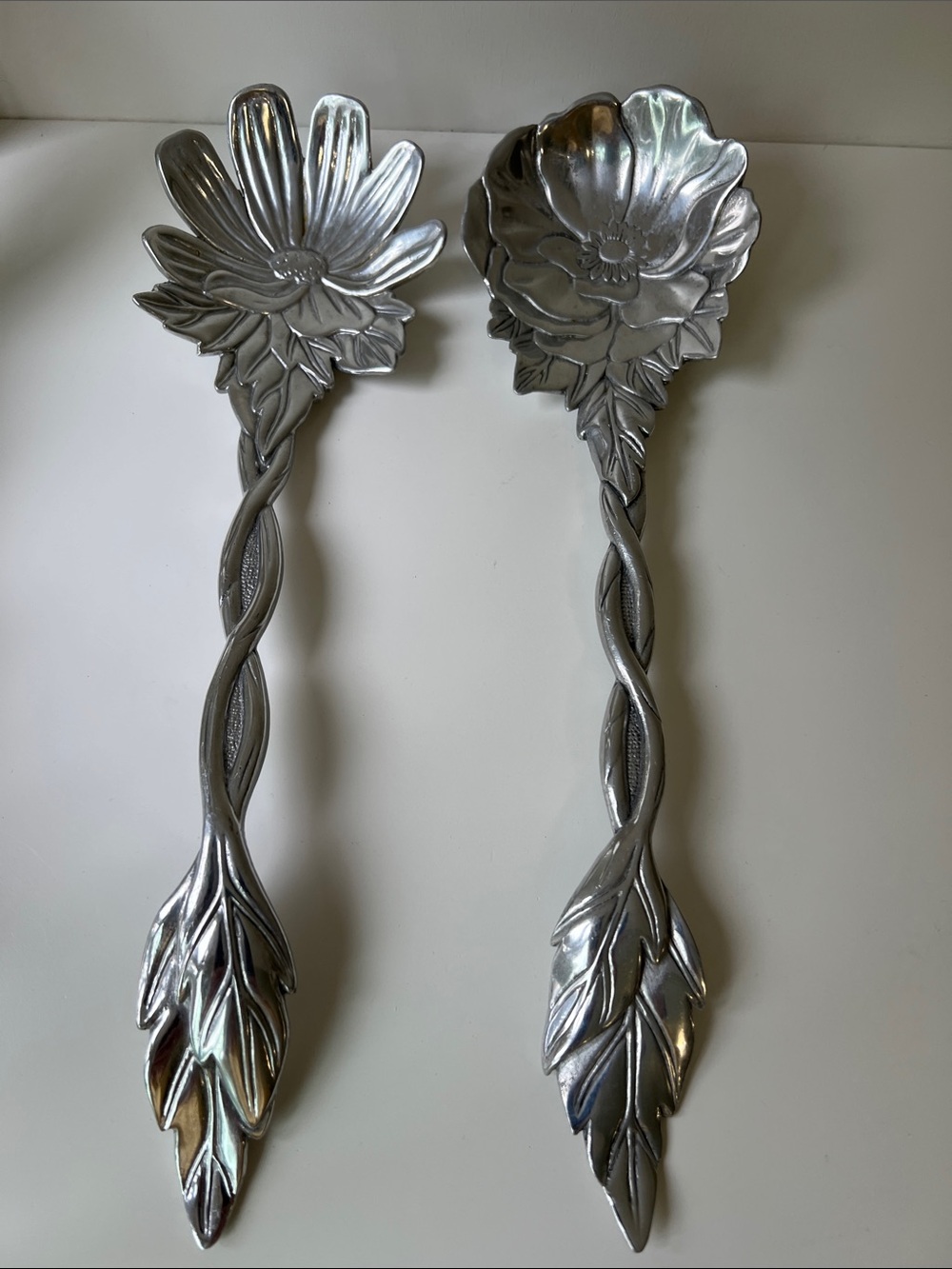 Set of Two Silver Floral Oversized Salad Serving Spoon & Fork Set